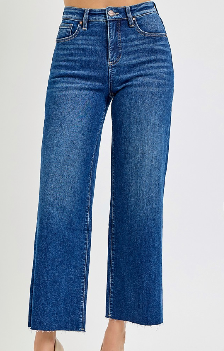Dark Tummy Control High Rise Wide Crop Jeans