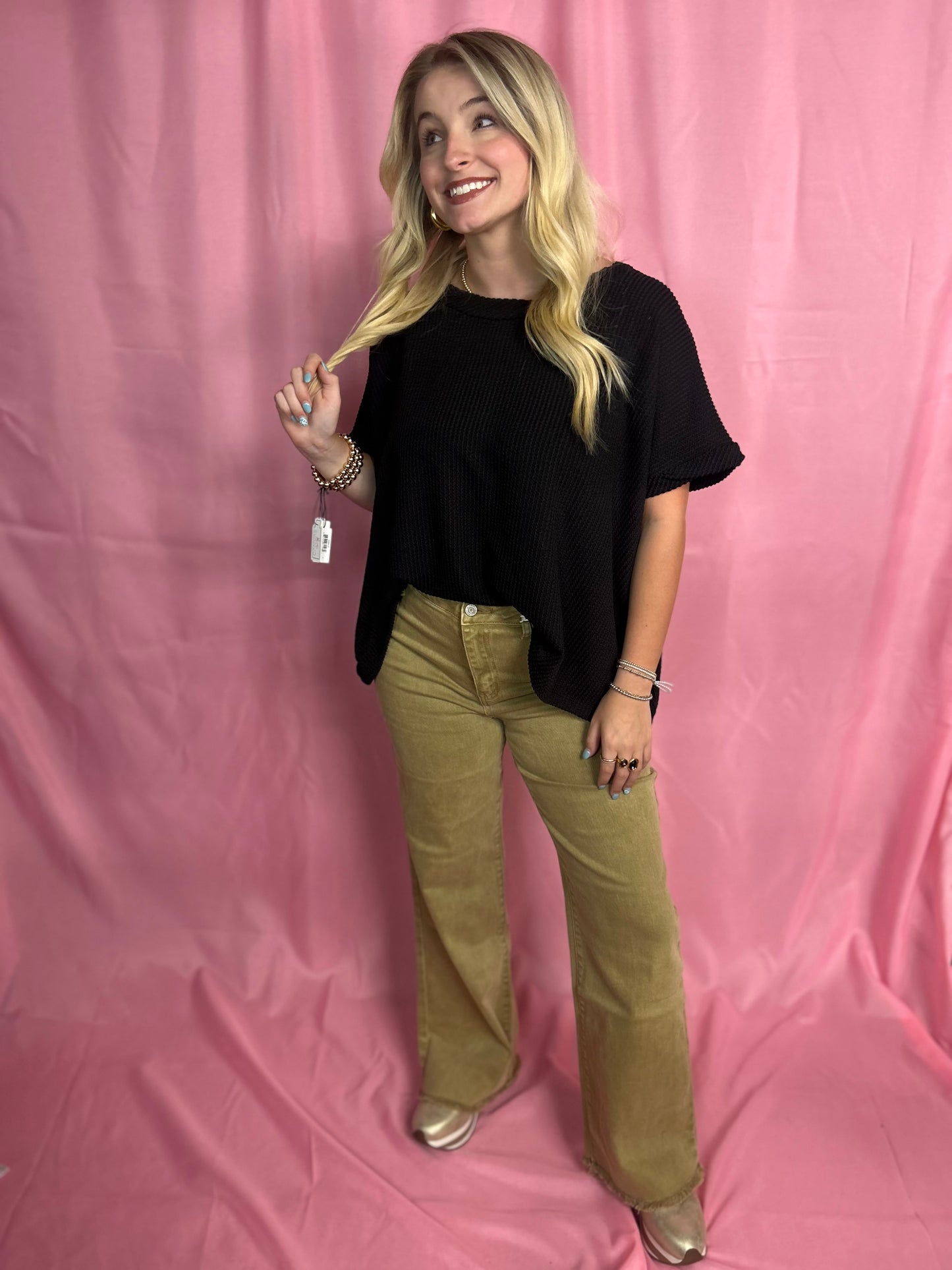 Acid Washed Frayed Cutoff Hem Straight Wide Pants - Light Camel