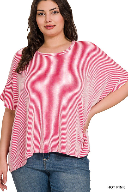 Plus Ribbed Striped Oversized Short Sleeve Top- HOT PINK