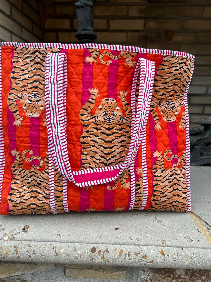 Red and Pink Leopard Quilted Tote