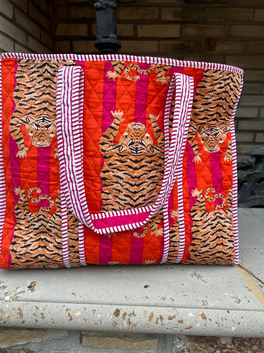 Red and Pink Leopard Quilted Tote