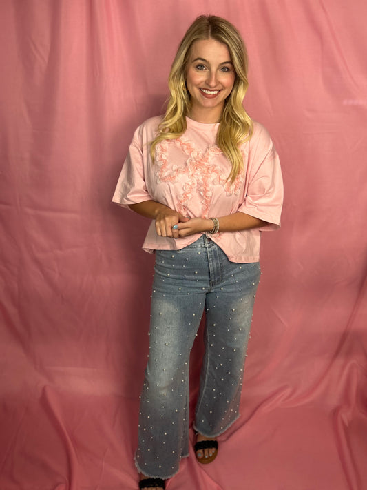 Pearl Embellished Mid Rise Wide Leg Stretch Denim