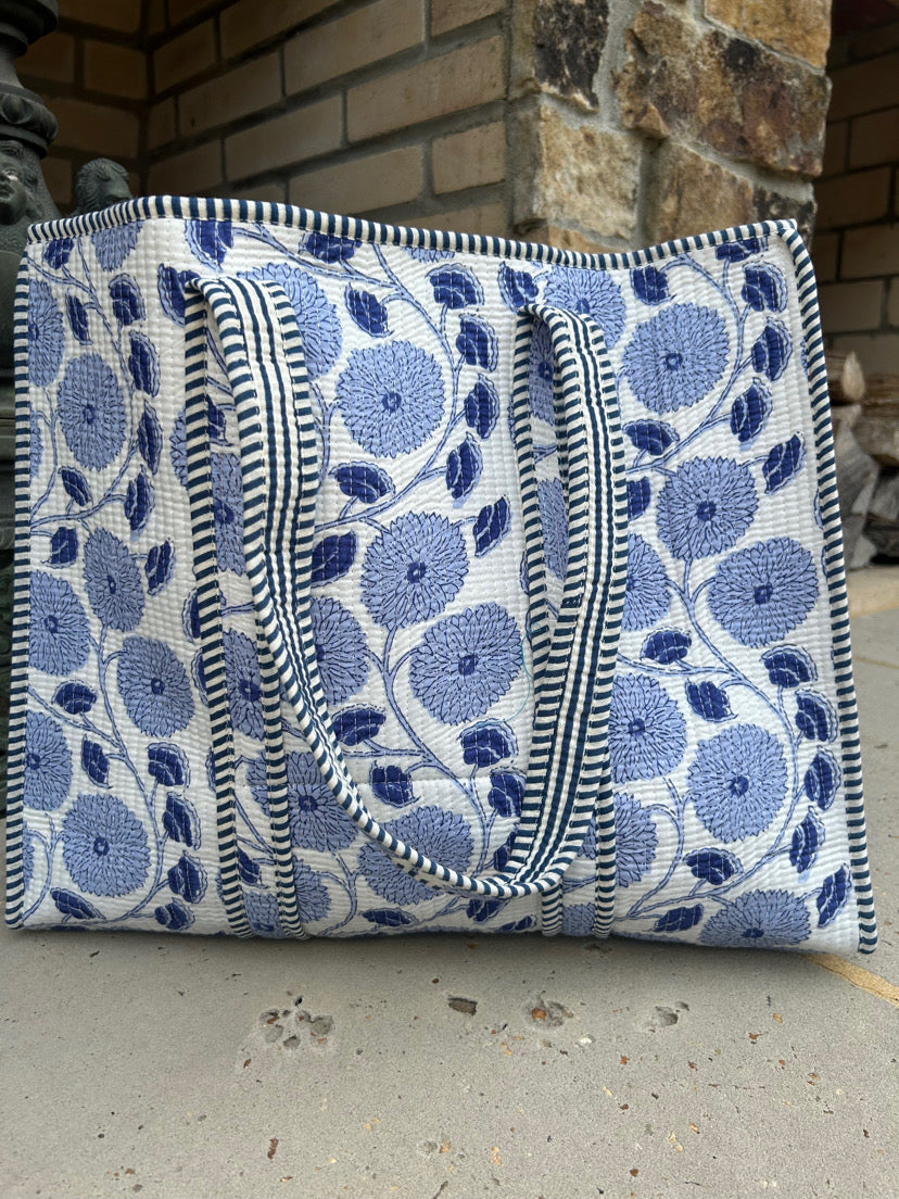Blue Floral Quilted Tote