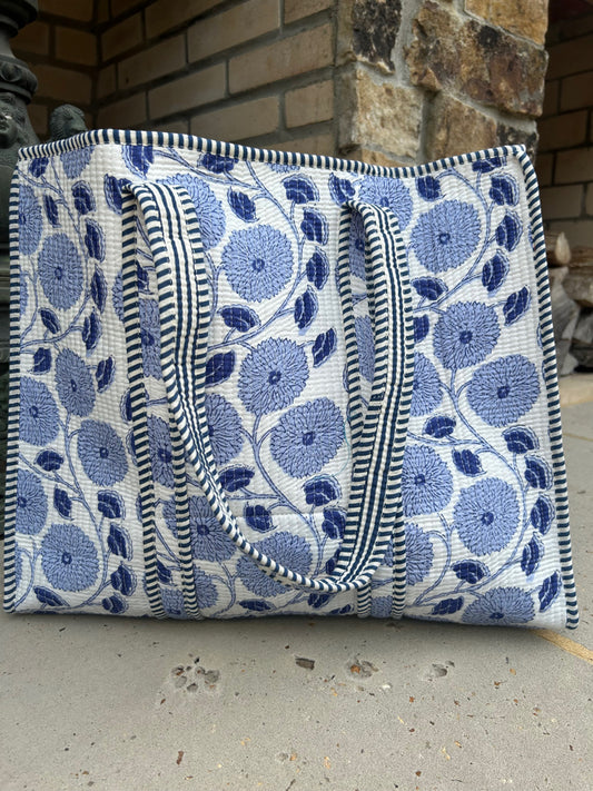 Blue Floral Quilted Tote