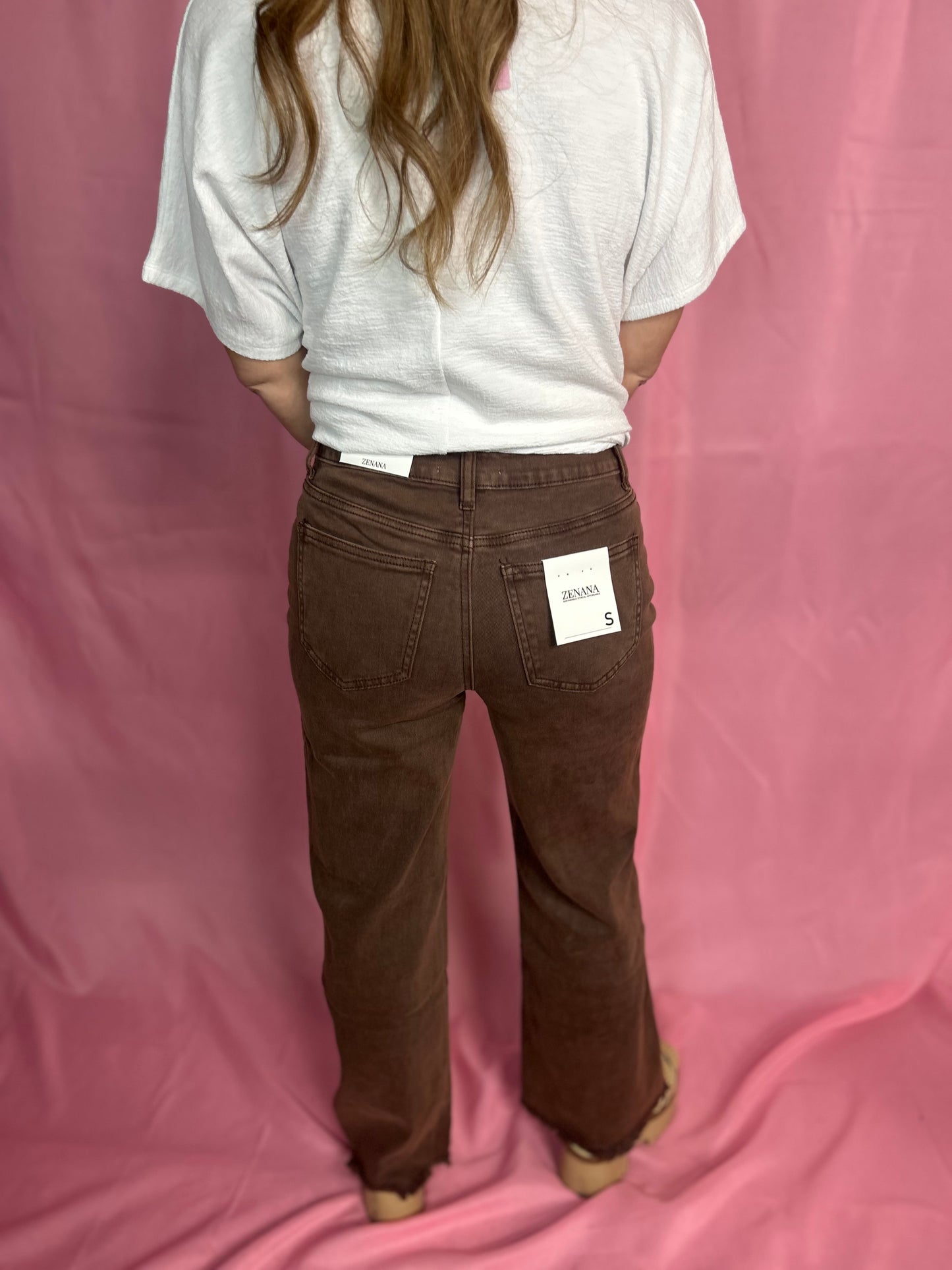 Acid Washed Frayed Cutoff Hem Straight Wide Pants Mahogany