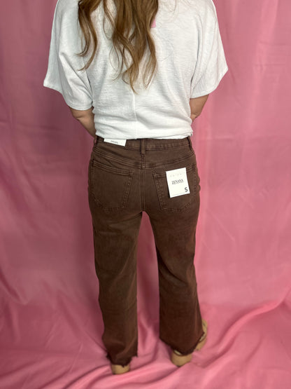 Acid Washed Frayed Cutoff Hem Straight Wide Pants Mahogany