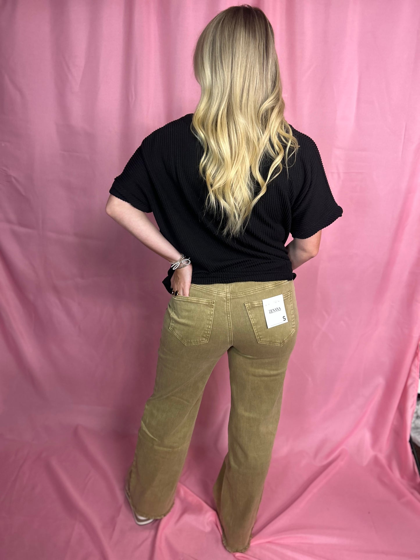 Acid Washed Frayed Cutoff Hem Straight Wide Pants - Light Camel