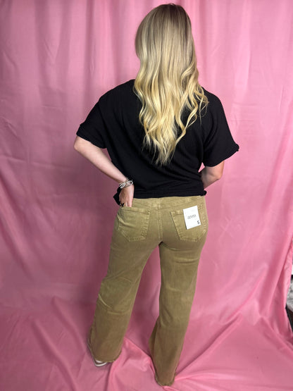 Acid Washed Frayed Cutoff Hem Straight Wide Pants - Light Camel