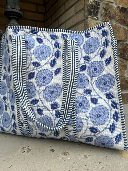 Blue Floral Quilted Tote