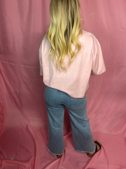 Pearl Embellished Mid Rise Wide Leg Stretch Denim