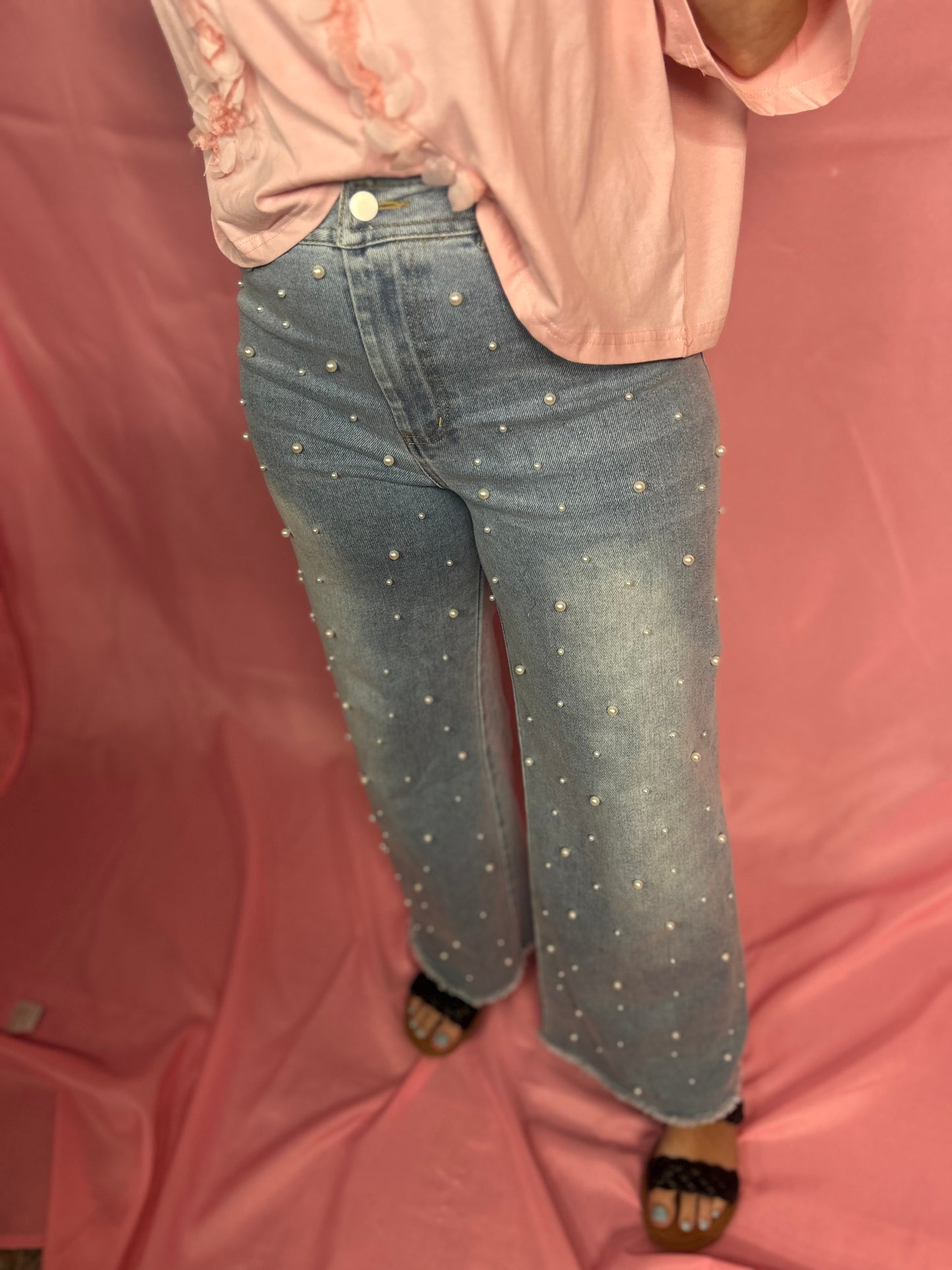 Pearl Embellished Mid Rise Wide Leg Stretch Denim