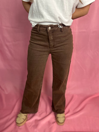 Acid Washed Frayed Cutoff Hem Straight Wide Pants Mahogany