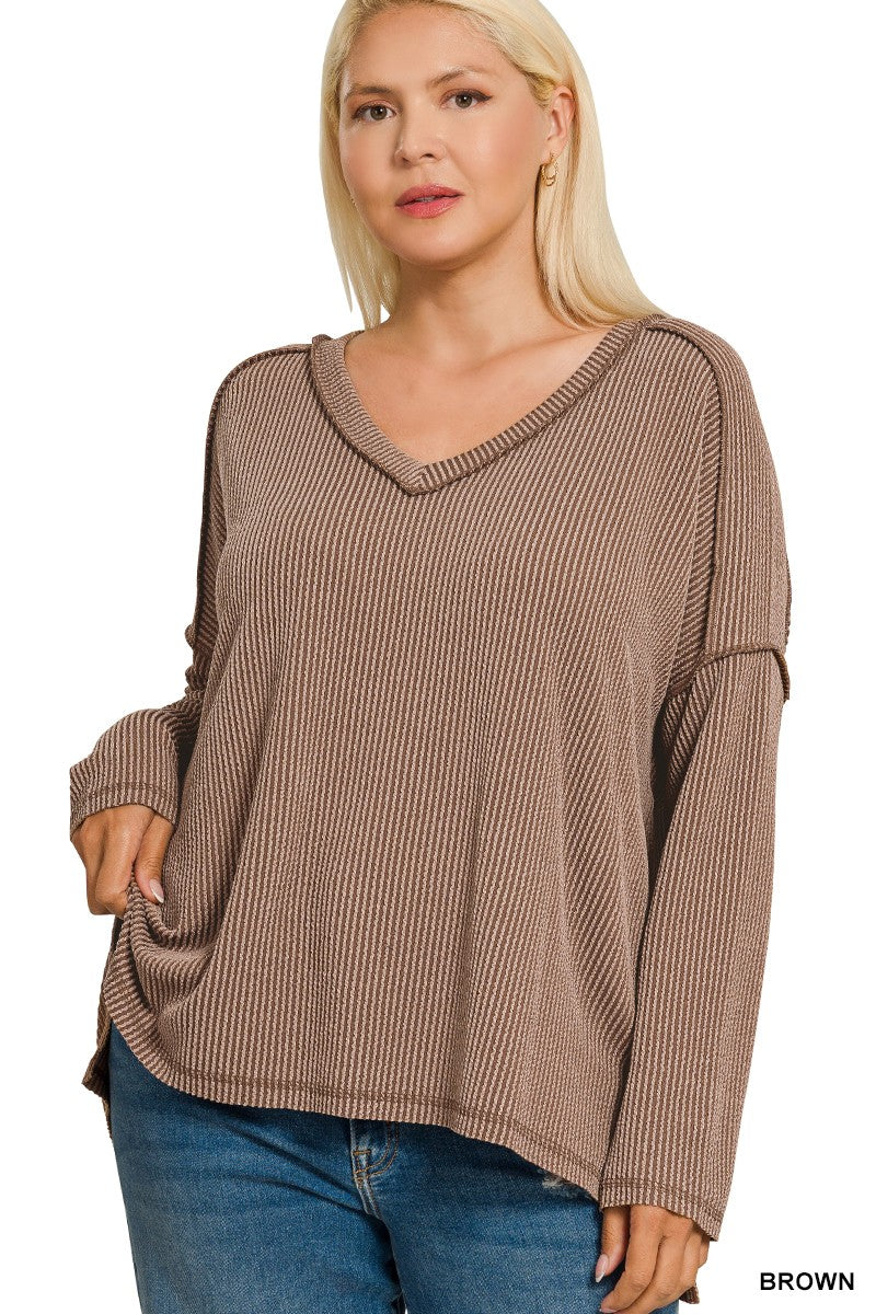 Brown Plus Raised Rib Long Sleeve Hi-low V Neck Top