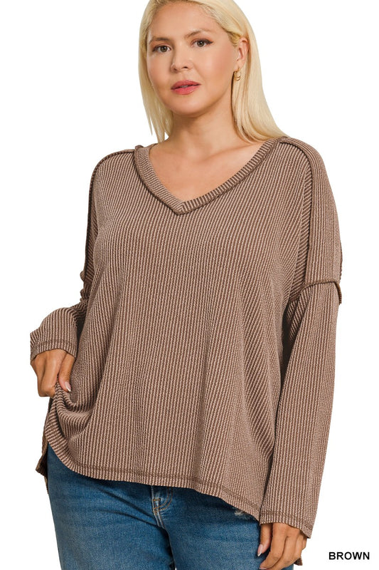 Brown Plus Raised Rib Long Sleeve Hi-low V Neck Top